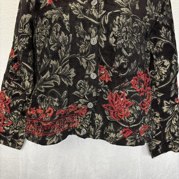 Chico's Jacquard Floral Jacket 0 (Small 4) Black Red Gold Embroidered Christmas - Picture 5 of 16